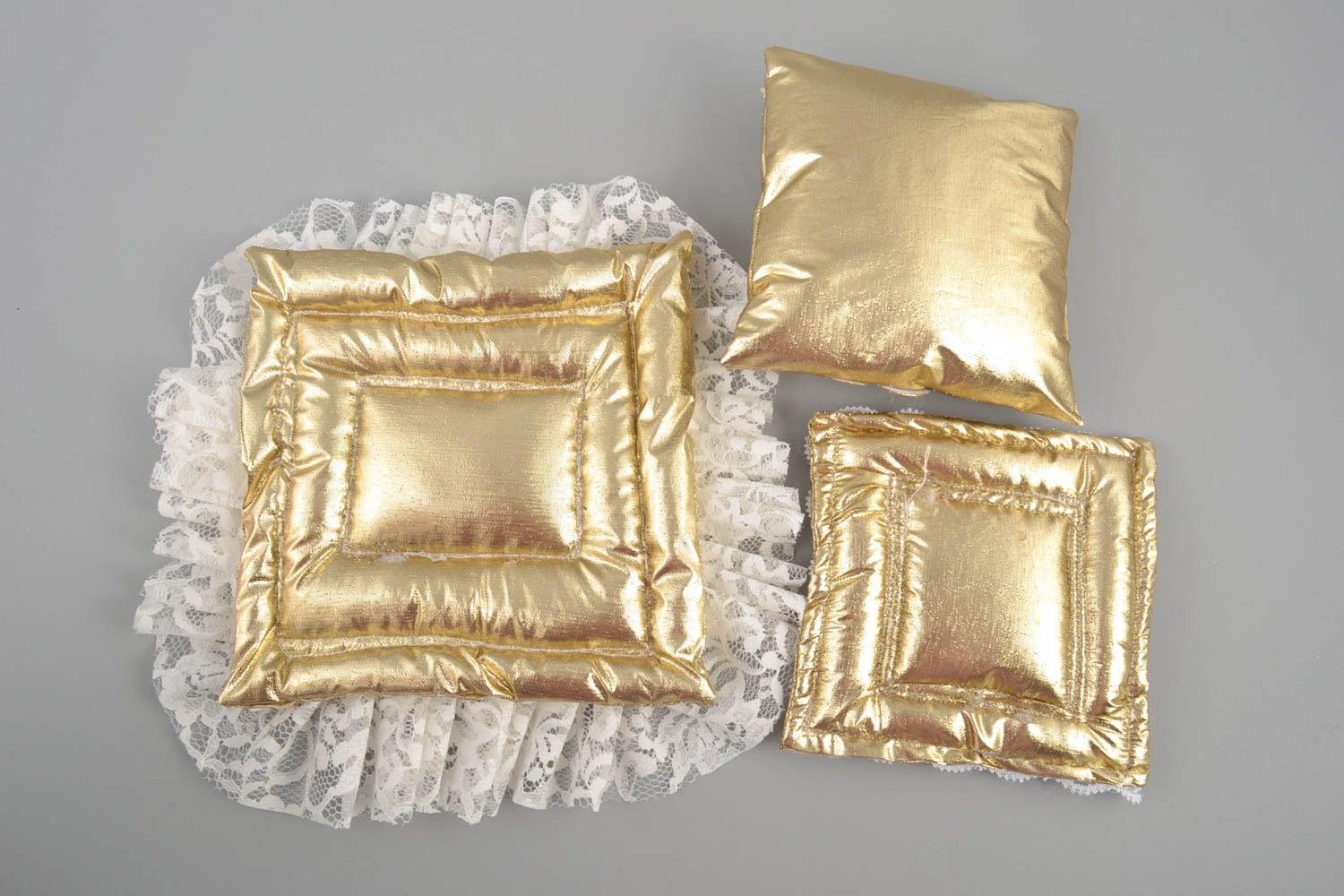 Handmade goldish beautiful unusual wedding pillows for rings set of 3 pieces photo 2