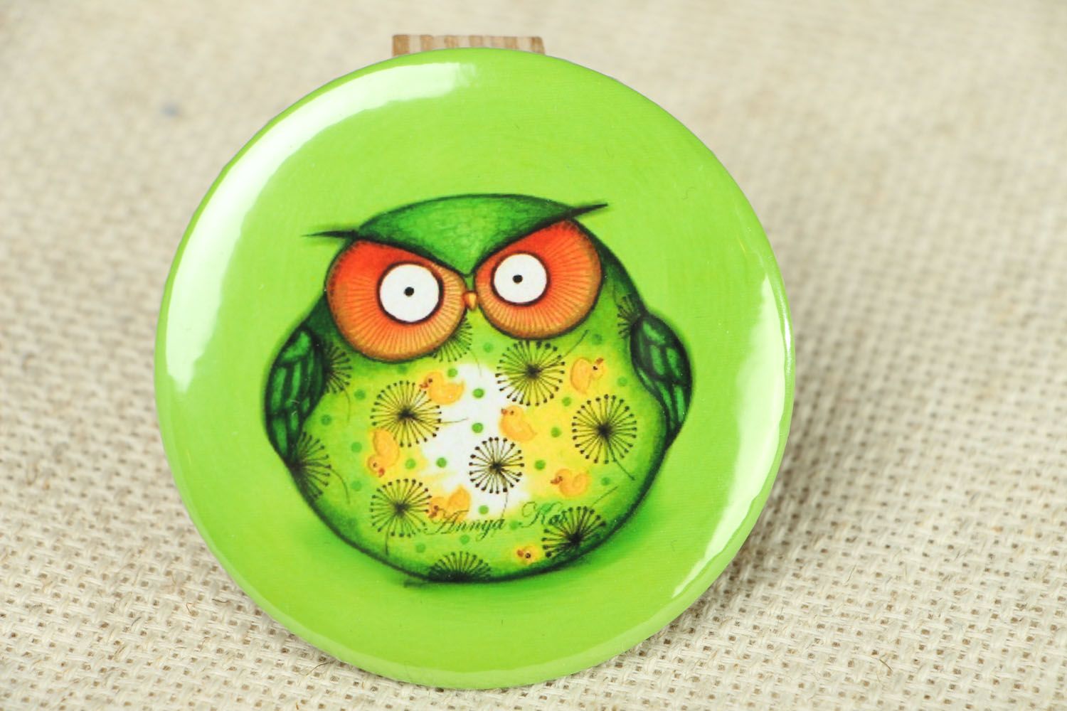 Petit miroir de poche fait main vert rond joli amusant original Hibou  photo 1