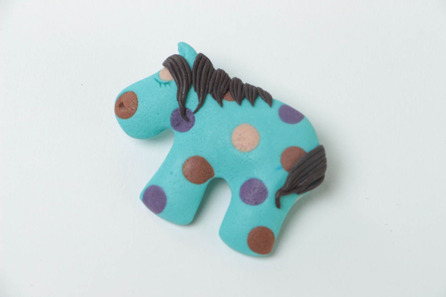 Handmade designer polymer clay animal brooch small blue polka dot horse photo 2