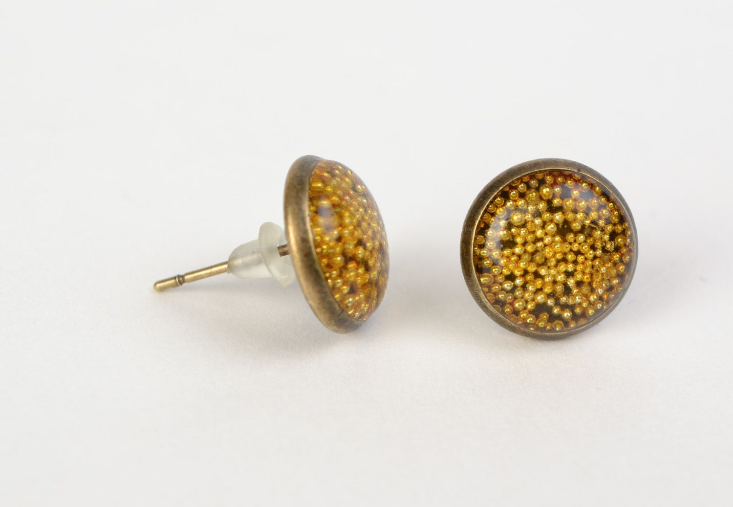 Yellow handmade round earrings with micro beads coated with jewelry resin photo 4