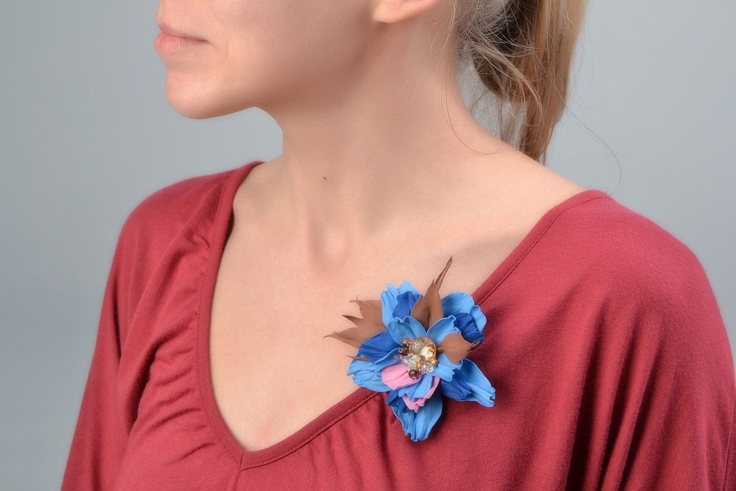 Handmade designer hair clip brooch with foamiran flower in blue and brown colors photo 1
