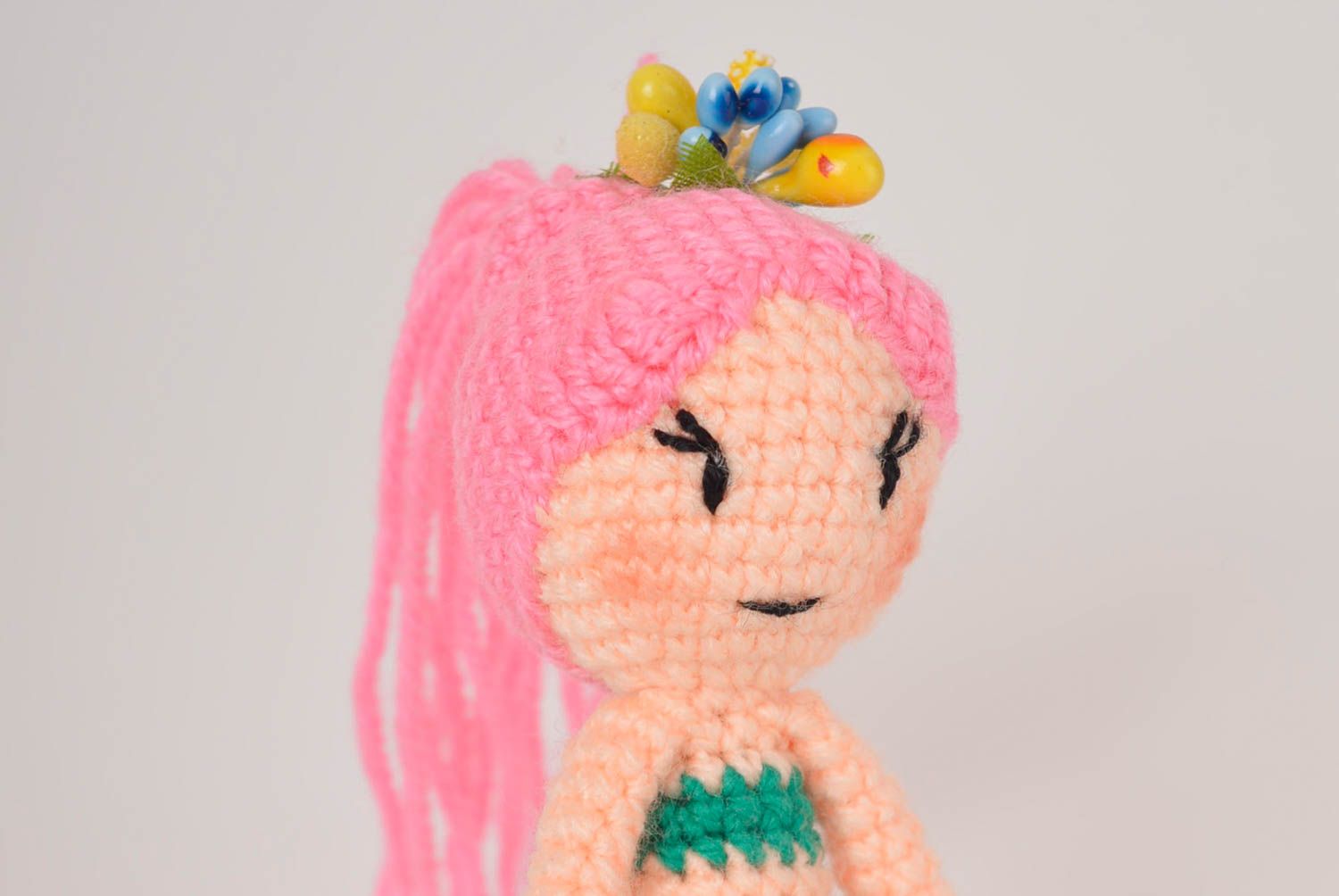 Little mermaid stuffed knitted toy in pink and green colors. 7 inches tall photo 5