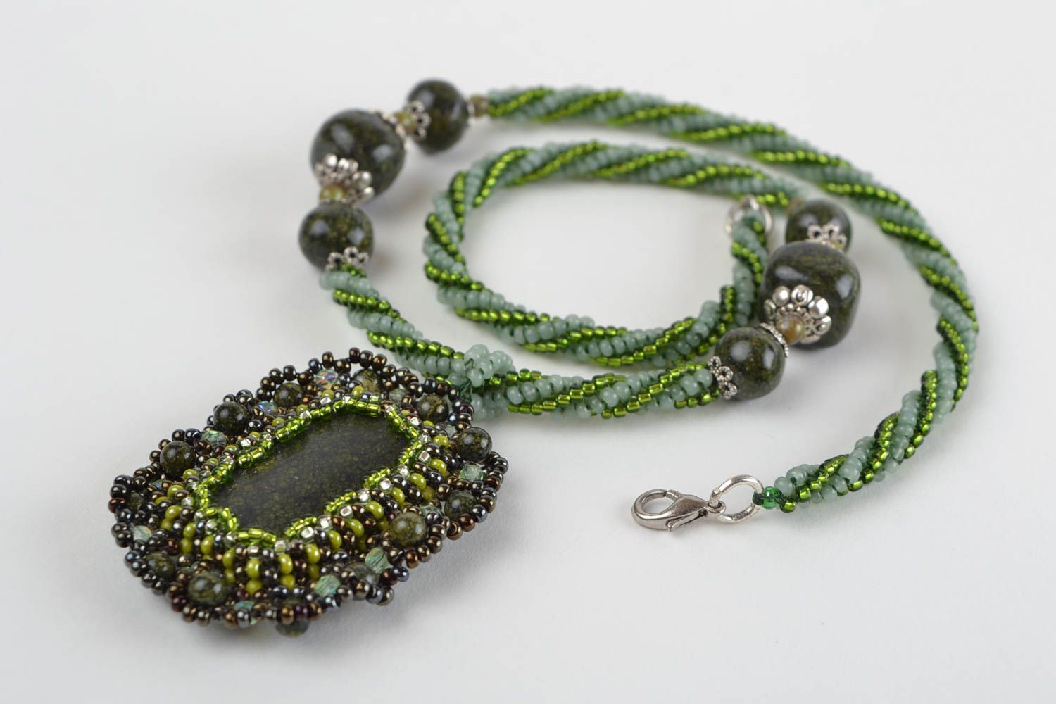 Beautiful green handmade massive beaded pendant with natural stones photo 2