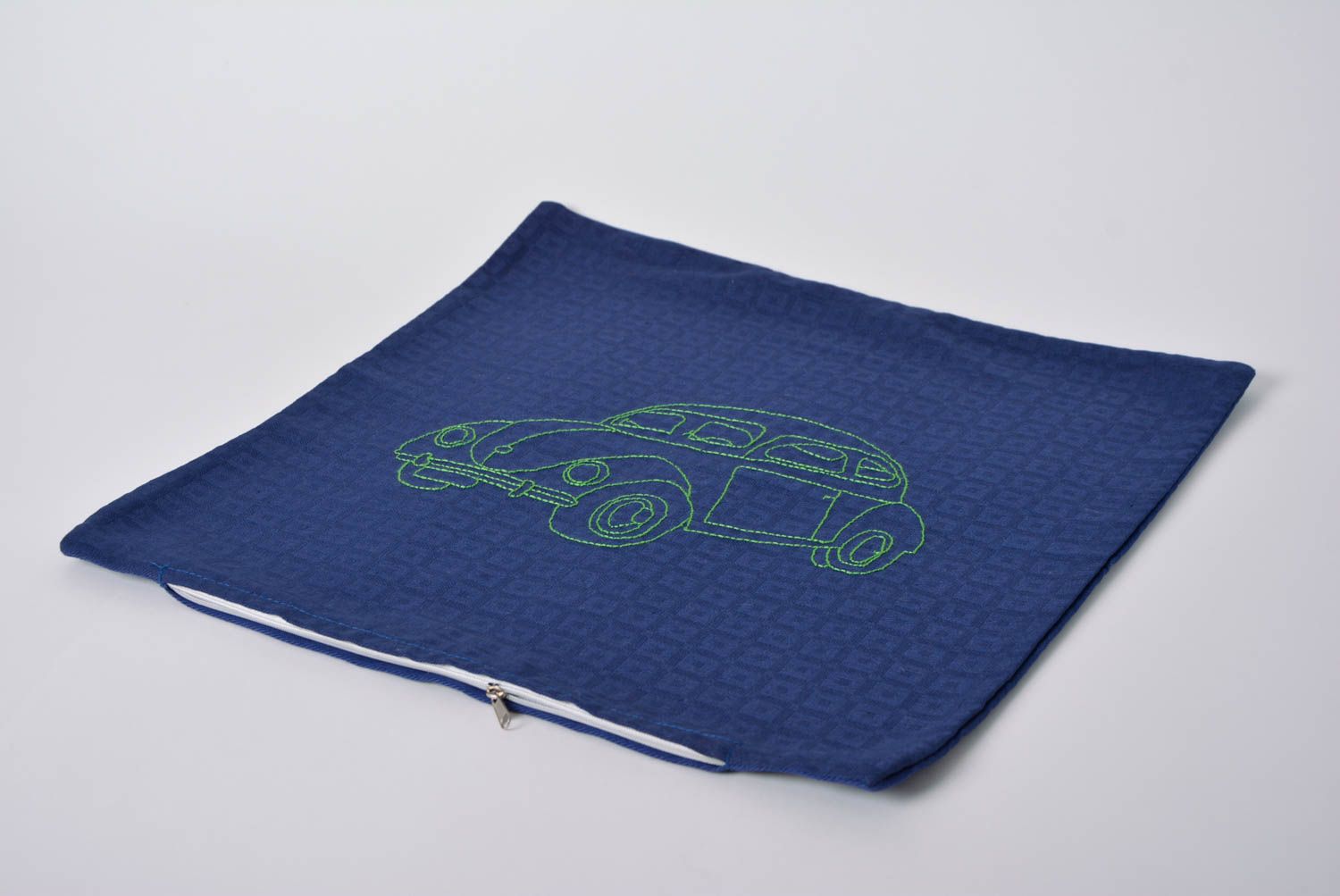 Handmade designer satin blue pillow case with embroidered car photo 2