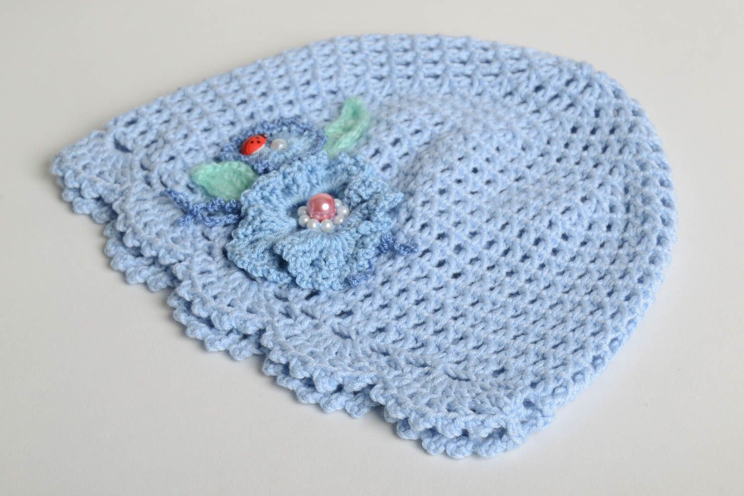 Bonnet tricot fait main Chapeau au crochet bleu clair original Vêtement enfant photo 5