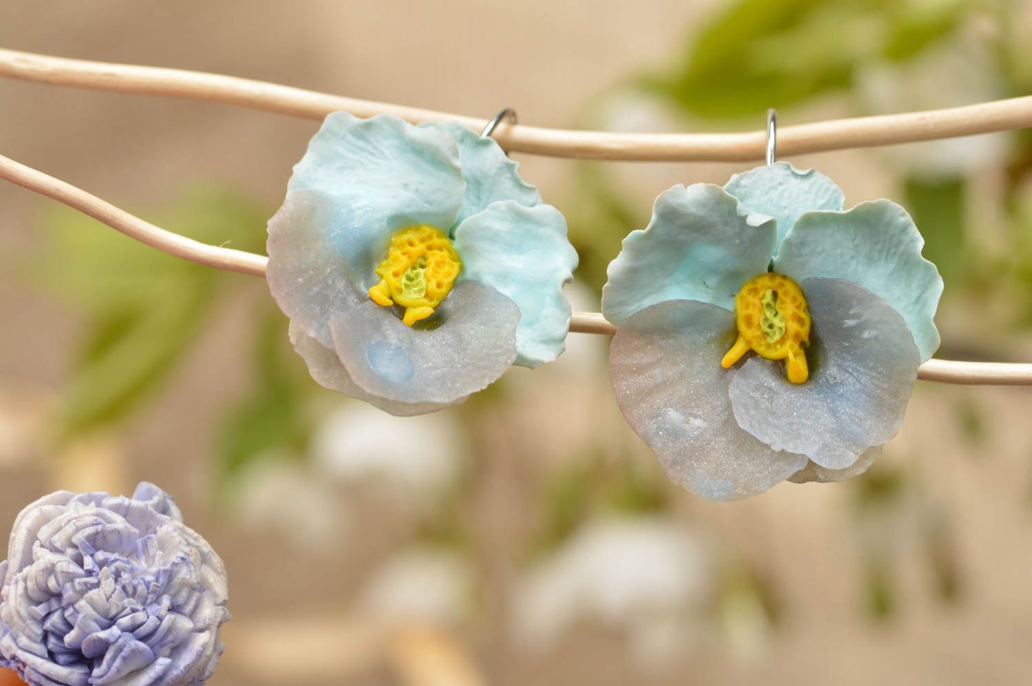 Tender blue designer handmade earrings with polymer clay violet flowers  photo 1
