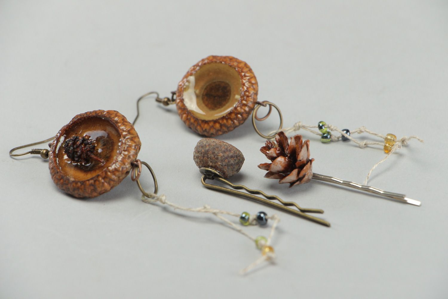 Set of accessories made of natural materials earrings and hair pins Forest photo 2