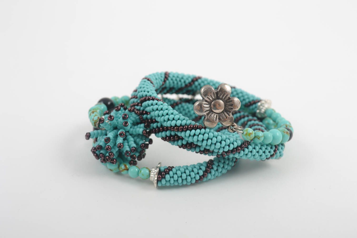Turquoise and black beaded four-layer cord bracelet for women photo 3