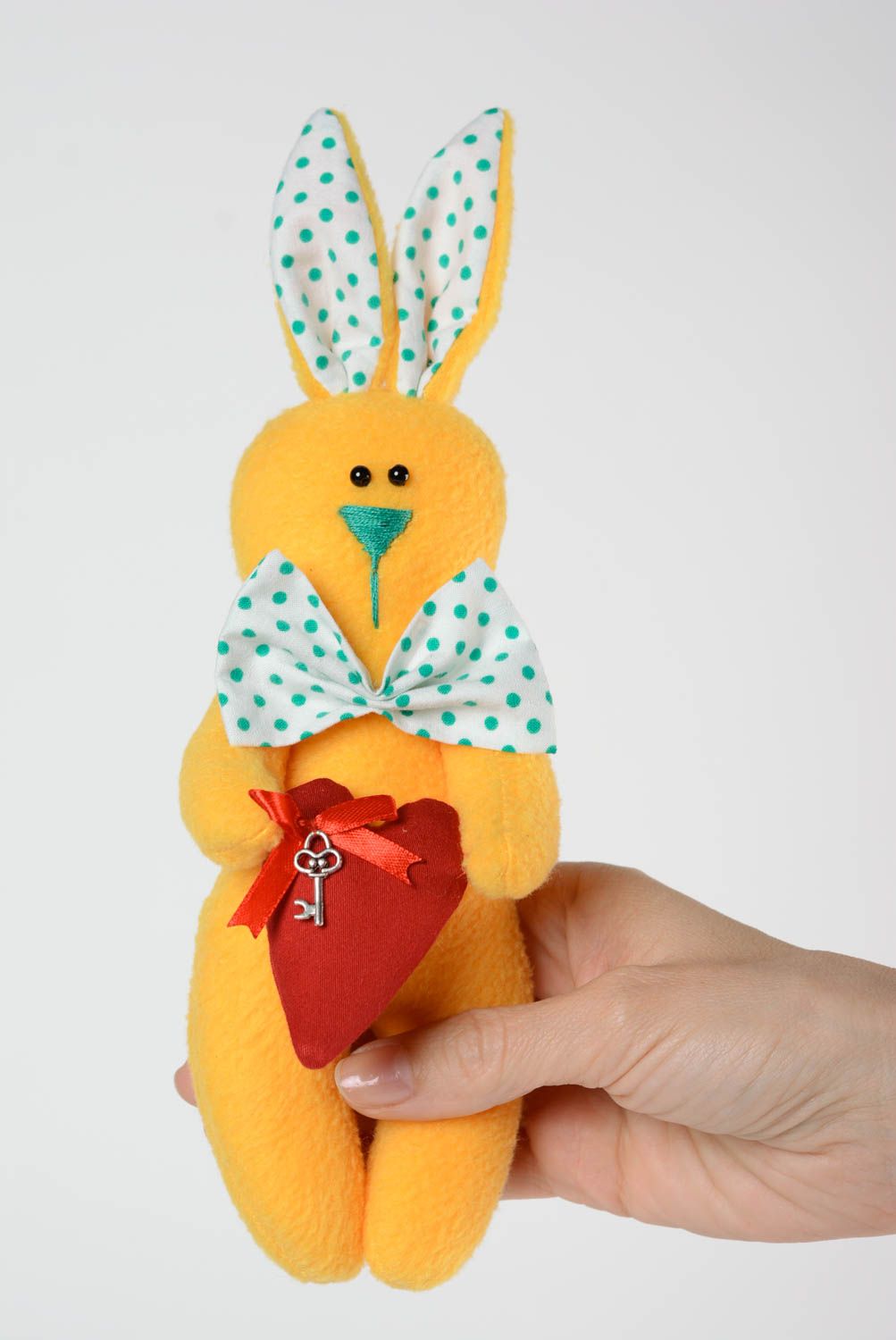 Handmade fleece fabric soft toy yellow rabbit with polka dot bow tie and heart photo 5