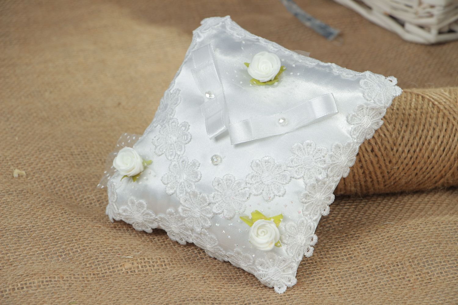 Handmade fabric wedding ring pillow photo 5
