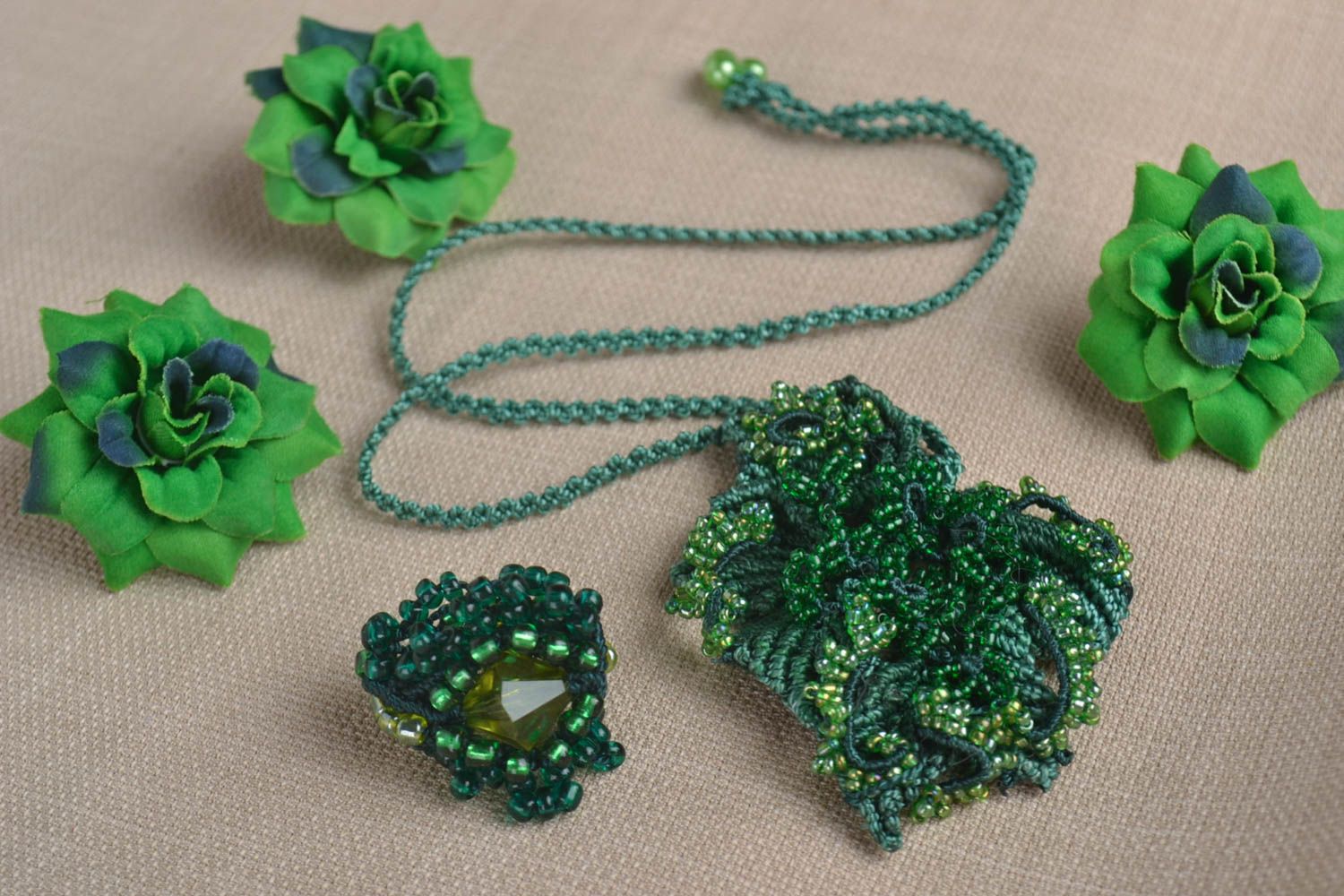 Textile jewelry set 2 pieces handmade beaded pendant woven bead ring gift ideas photo 1