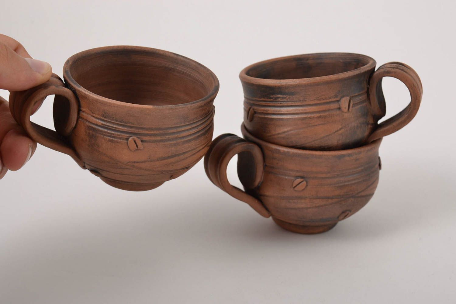 Set of 3 three clay coffee cups with coffee beans' pattern photo 3
