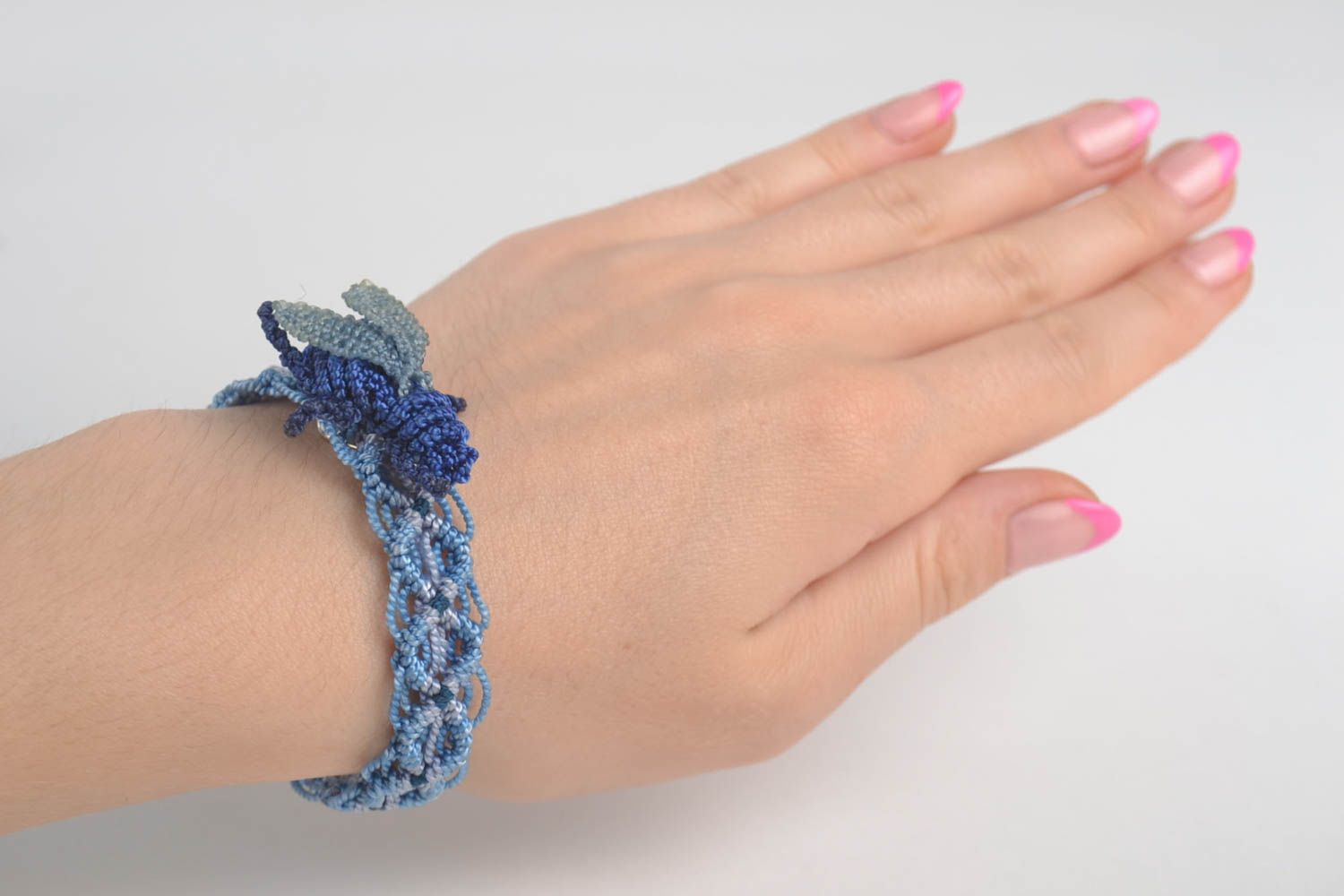 Parure bijoux Bracelet fait main Broche fantaisie bleu fils macramé Cadeau fille photo 1