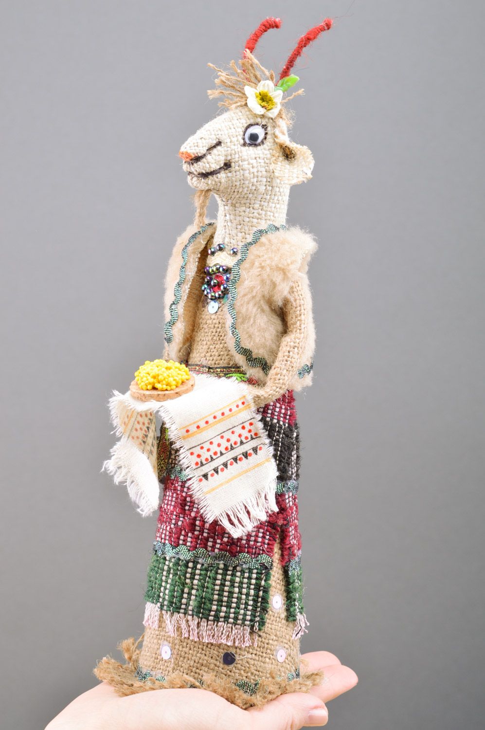 Handmade bottle cozy sewn of burlap Goat with Loaf on embroidered towel photo 1