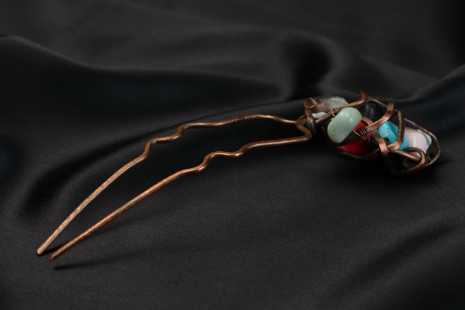 Copper hairpin with natural stones photo 2