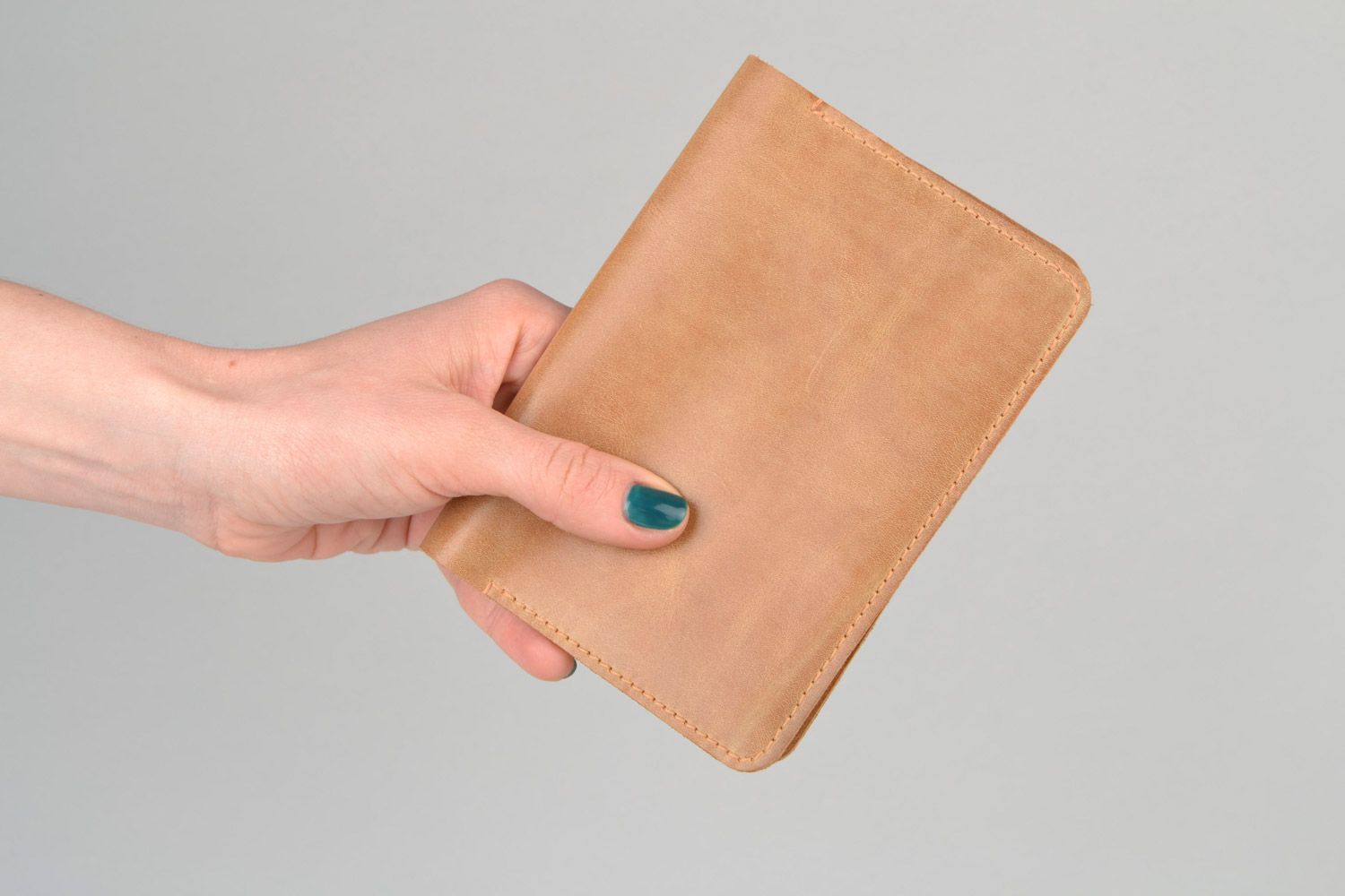 Stylish beige handmade leather cover for documents with pockets photo 2