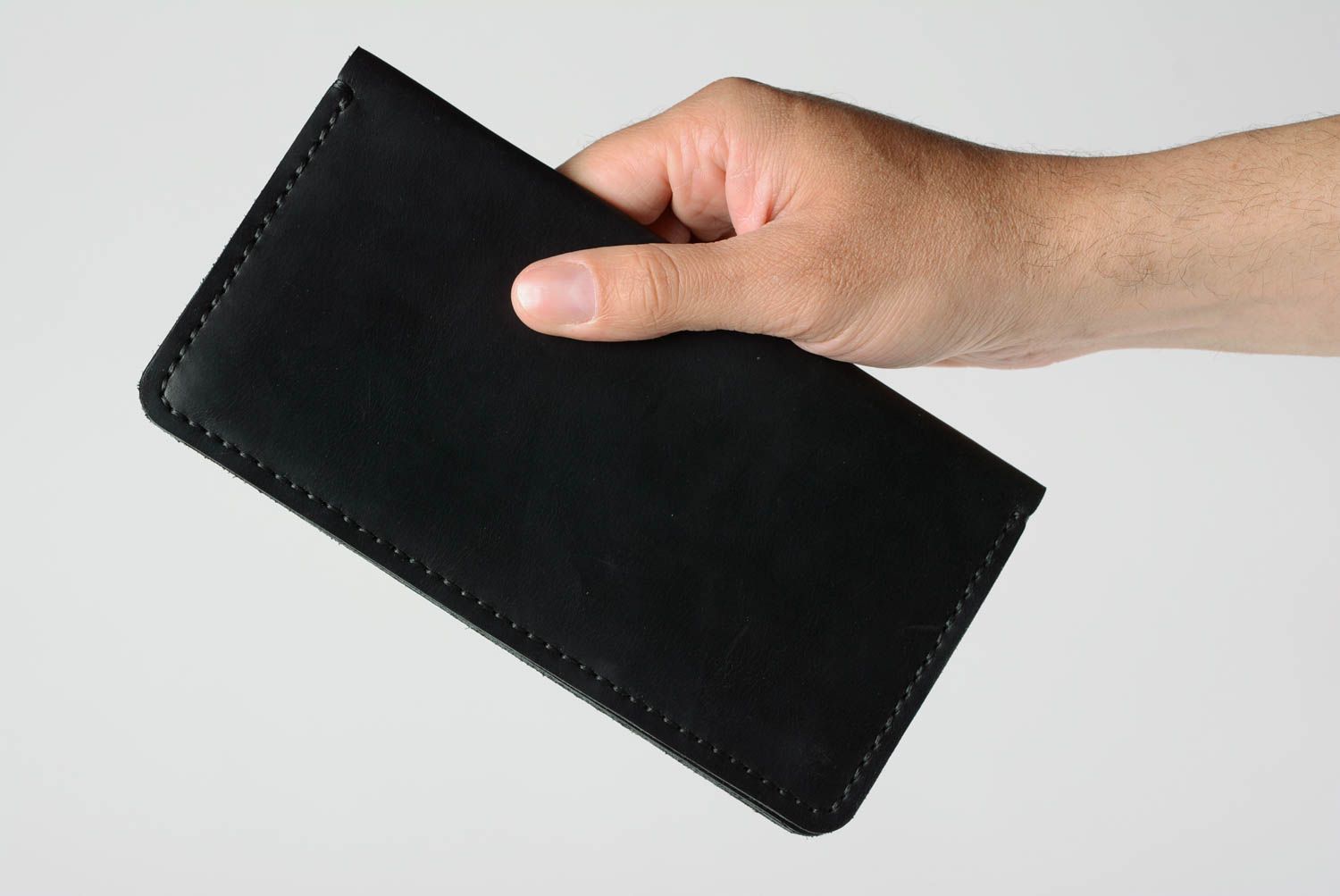 Handmade designer large laconic genuine leather wallet of black color  photo 1