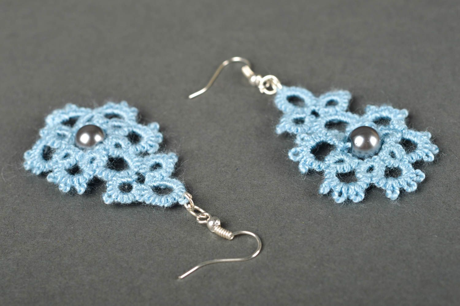 Handmade lace earrings stylish blue jewelry unusual designer accessories photo 5