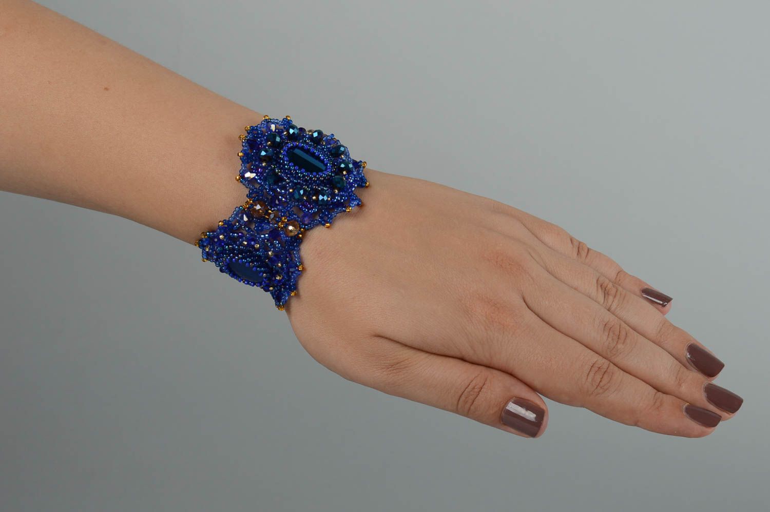 Bracelet perles rocaille Bijou fait main bleu cristal cabochon Accessoire femme photo 6