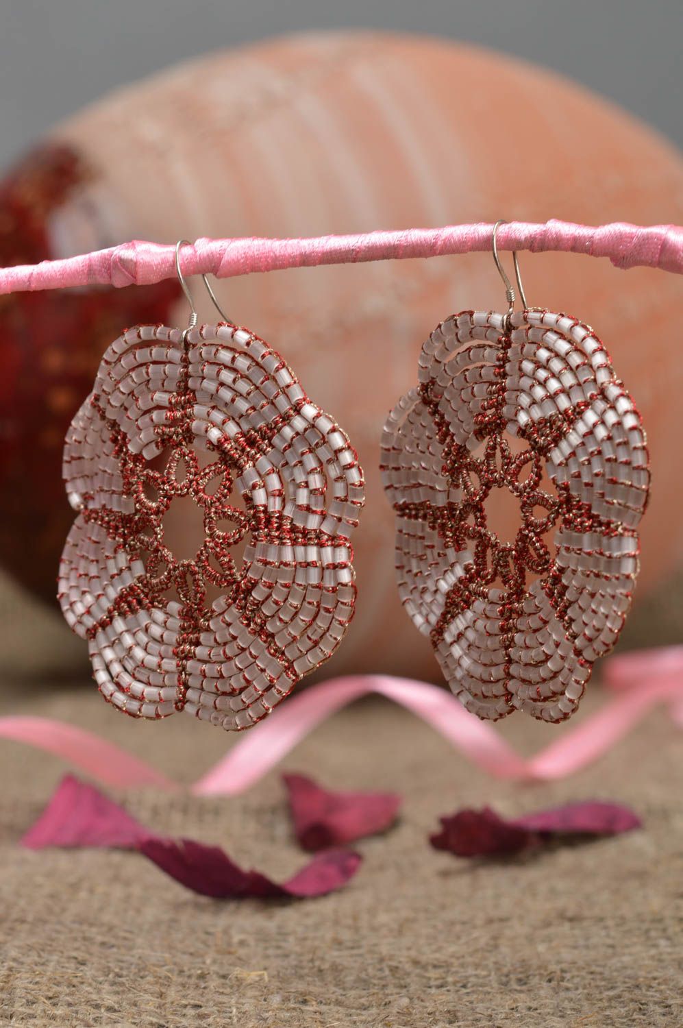 Vinous flower handmade earrings made using tatting technique with Czech beads photo 1