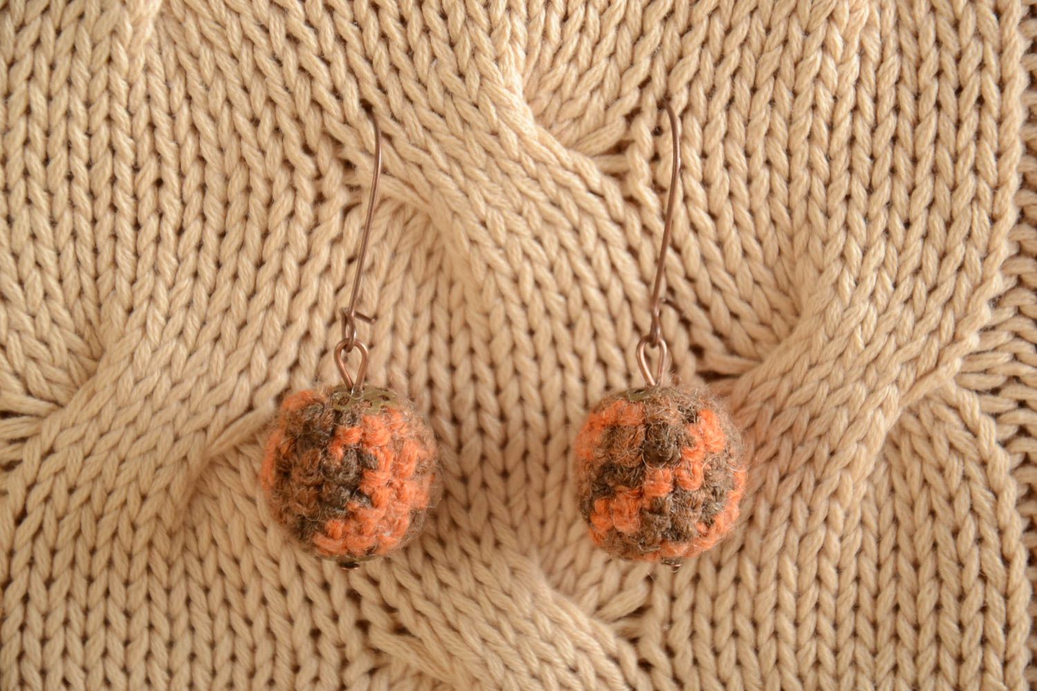 Beautiful handmade brown crochet ball earrings designer jewelry photo 1