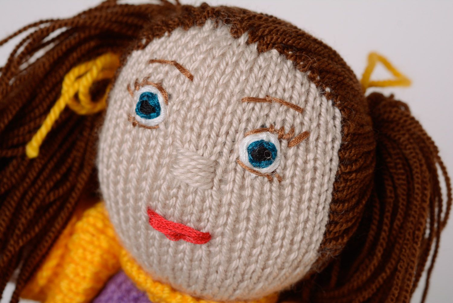Handmade designer knitted soft doll girl in lilac dress photo 2