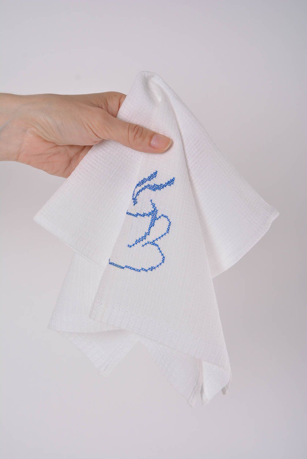 Handmade decorative white natural cotton dinner napkin with blue embroidery photo 3