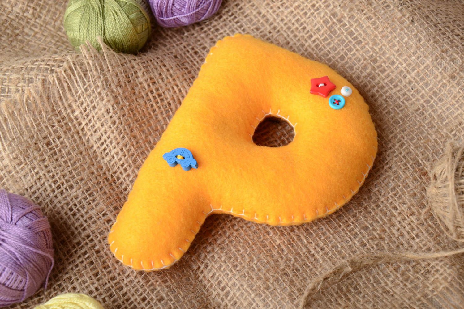 Handmade small orange felt educational soft toy letter P with colorful buttons photo 1