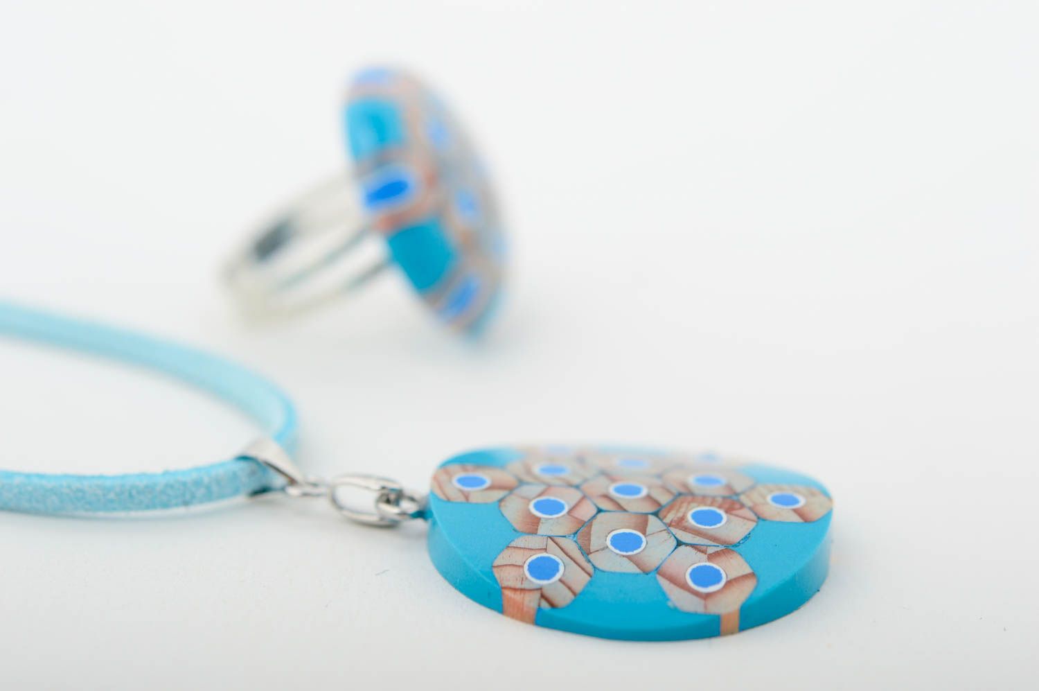 Blue unusual jewelry set handmade designer accessories feminine pendant and ring photo 4