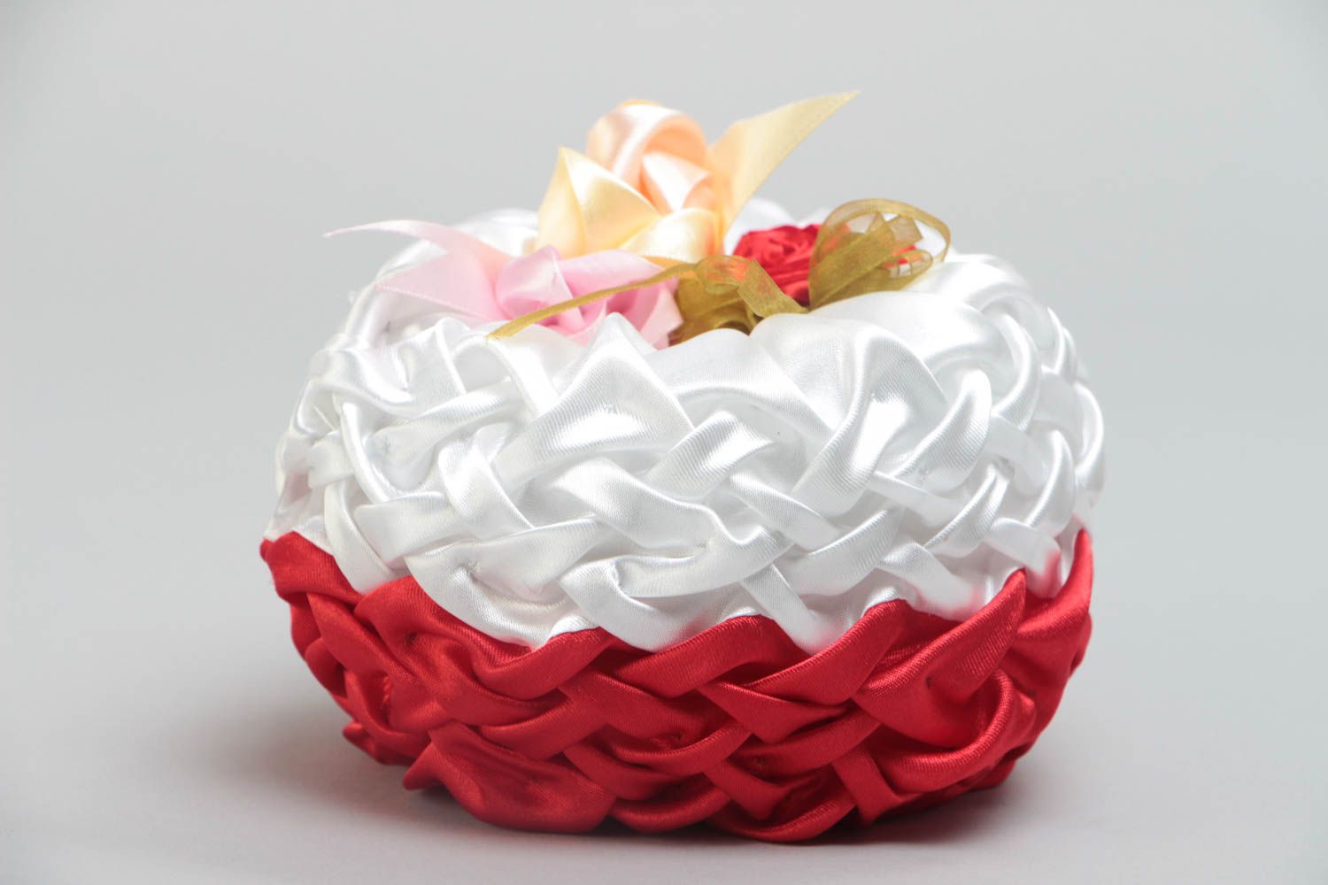 Handmade wedding satin ring pillow with flowers and red and white ribbons photo 3