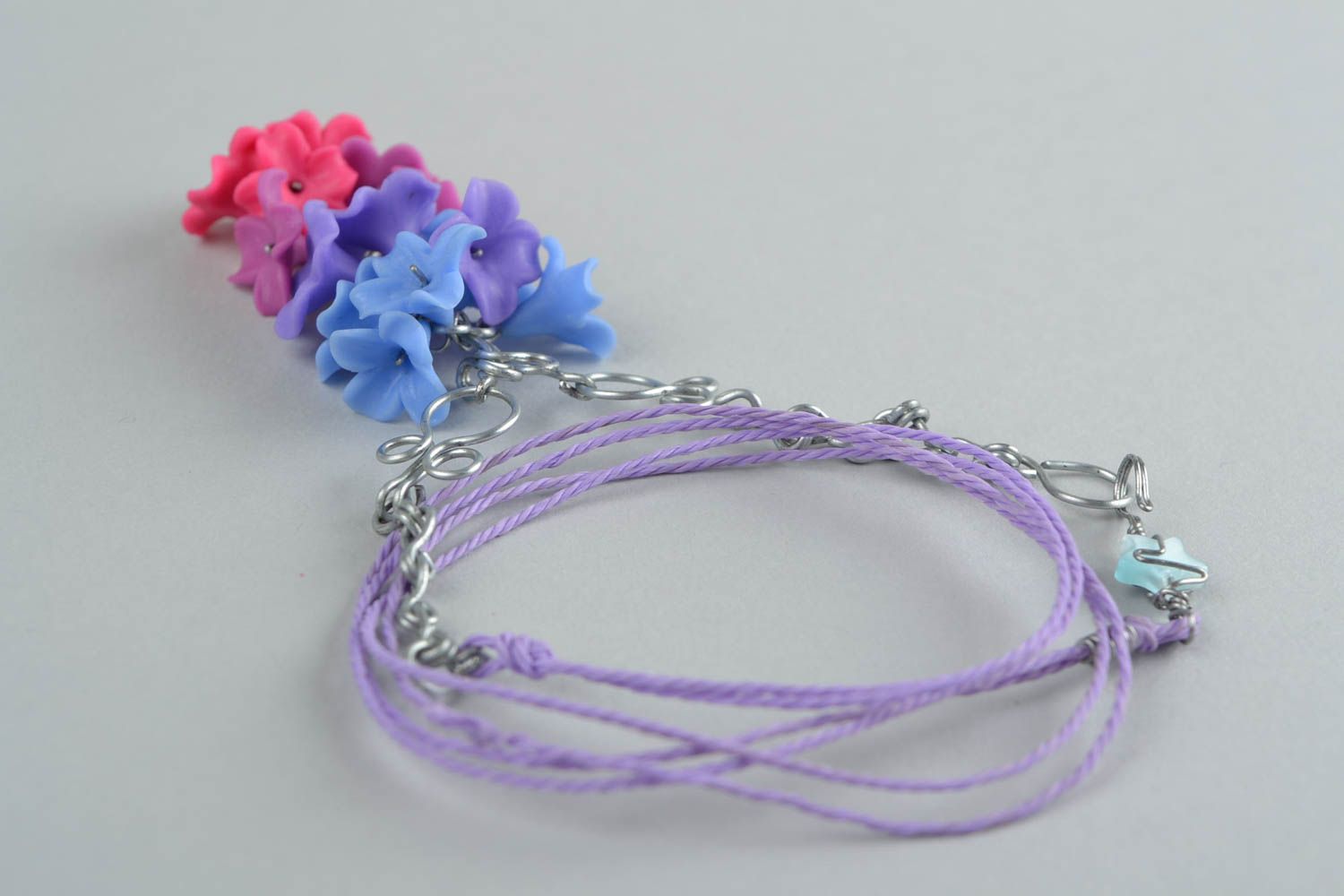 Beautiful bright homemade designer polymer clay flower pendant on cords Lilac photo 5