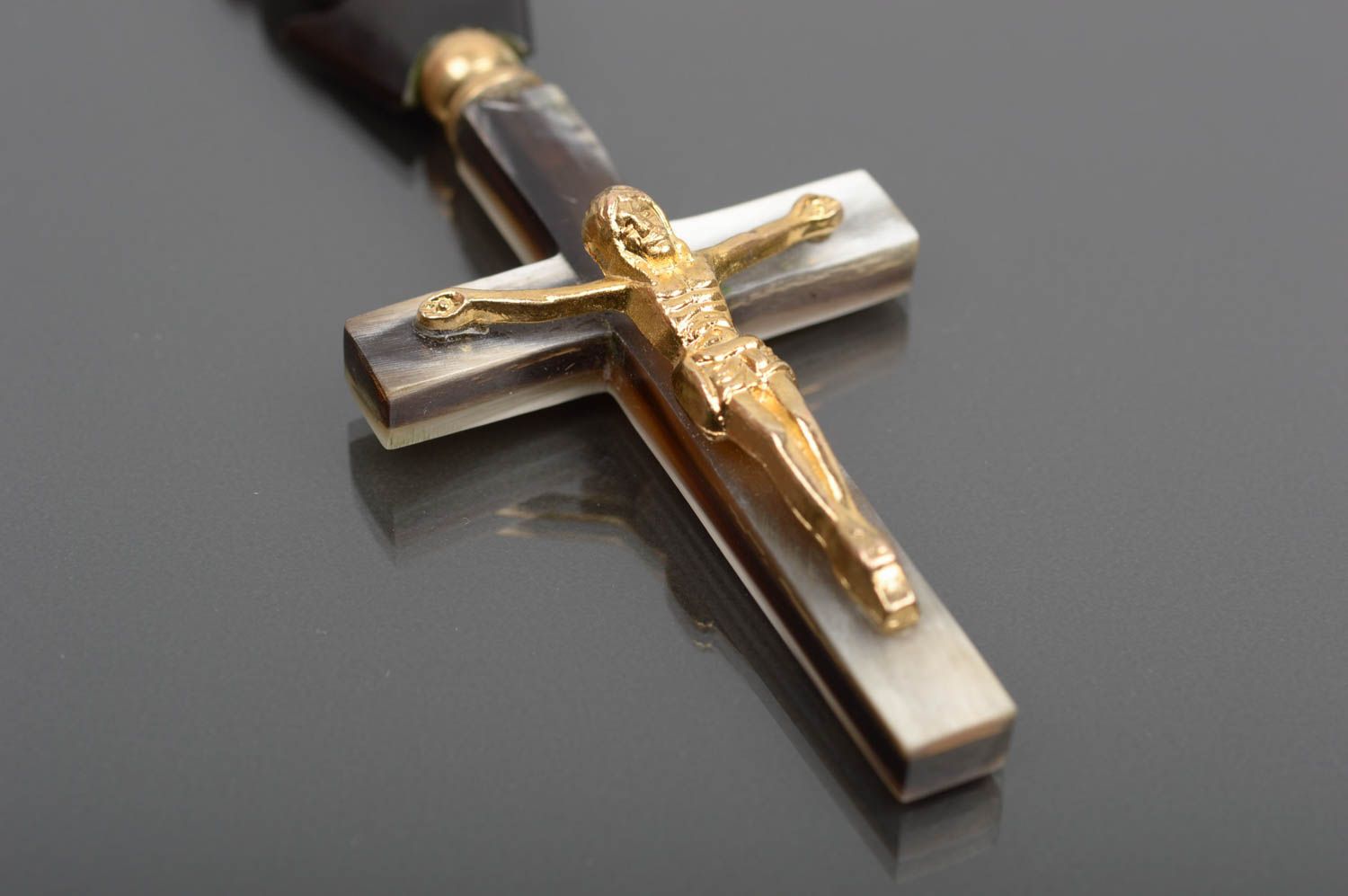Chapelet fait main Bijou religieux de corne et bronze Cadeau original noir photo 2