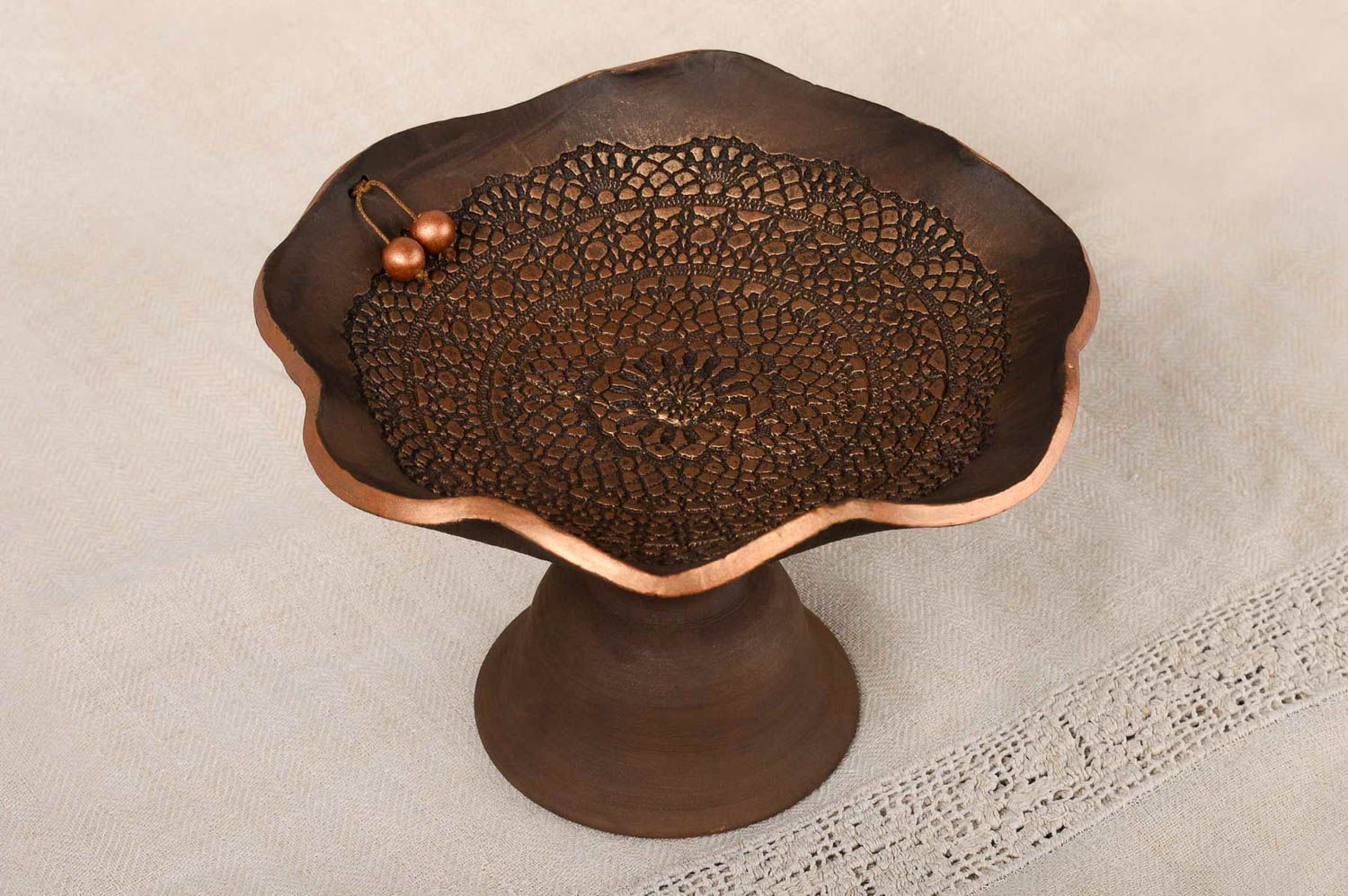 Ceramic handmade brown 6 inches tall fruit centerpiece bowl 1,91 lb photo 1