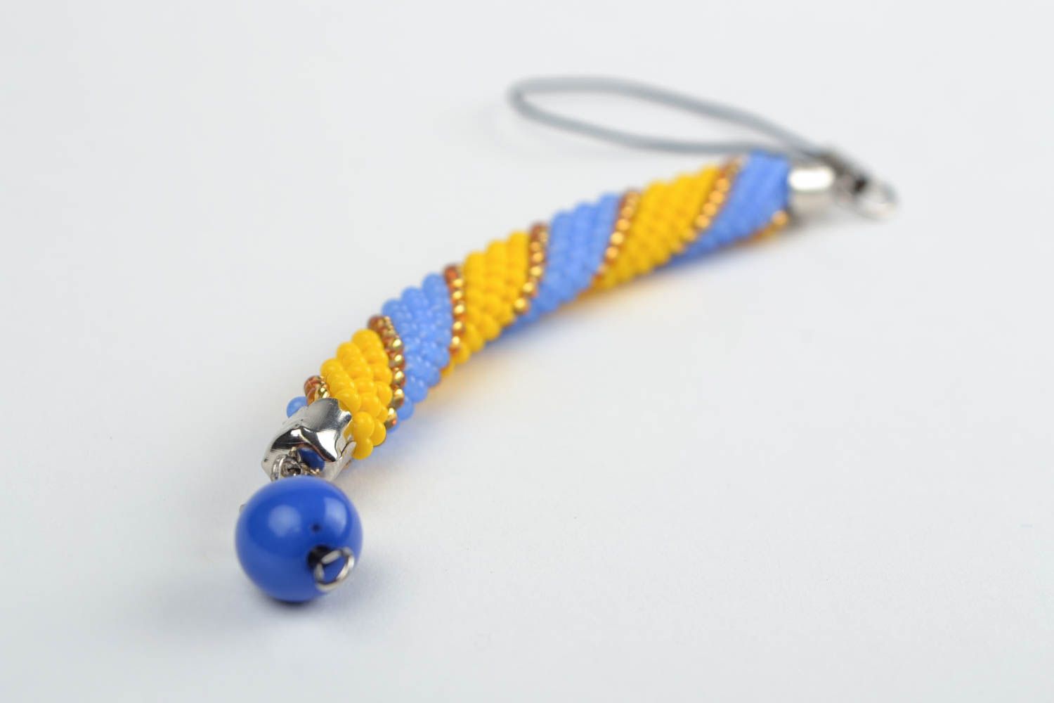 Porte-clés jaune bleu tressé en perles de rocaille accessoire pour portable photo 4