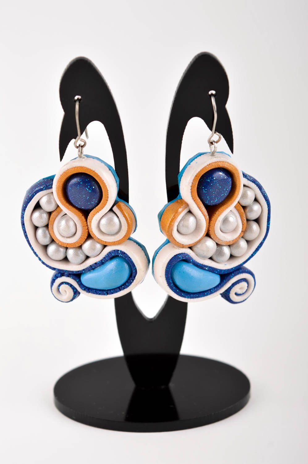 Handmade blaue Modeschmuck Ohrringe Soutache Polymer Schmuck Accessoire für Frau foto 1