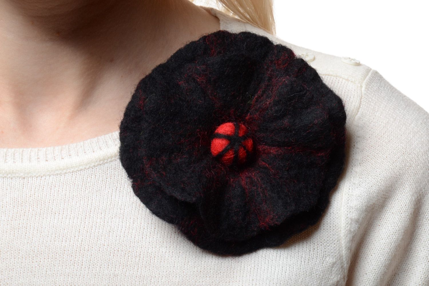 Handmade stylish brooch hair clip with large black flower felted of natural wool  photo 2