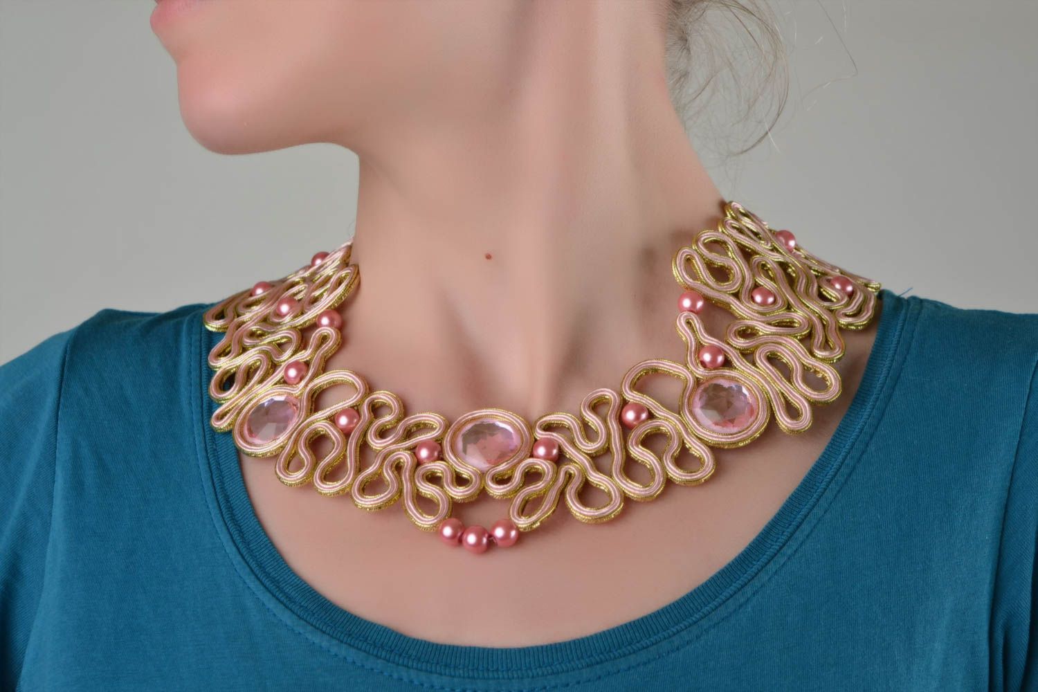Beautiful handmade designer soutache necklace white with pink beads photo 1