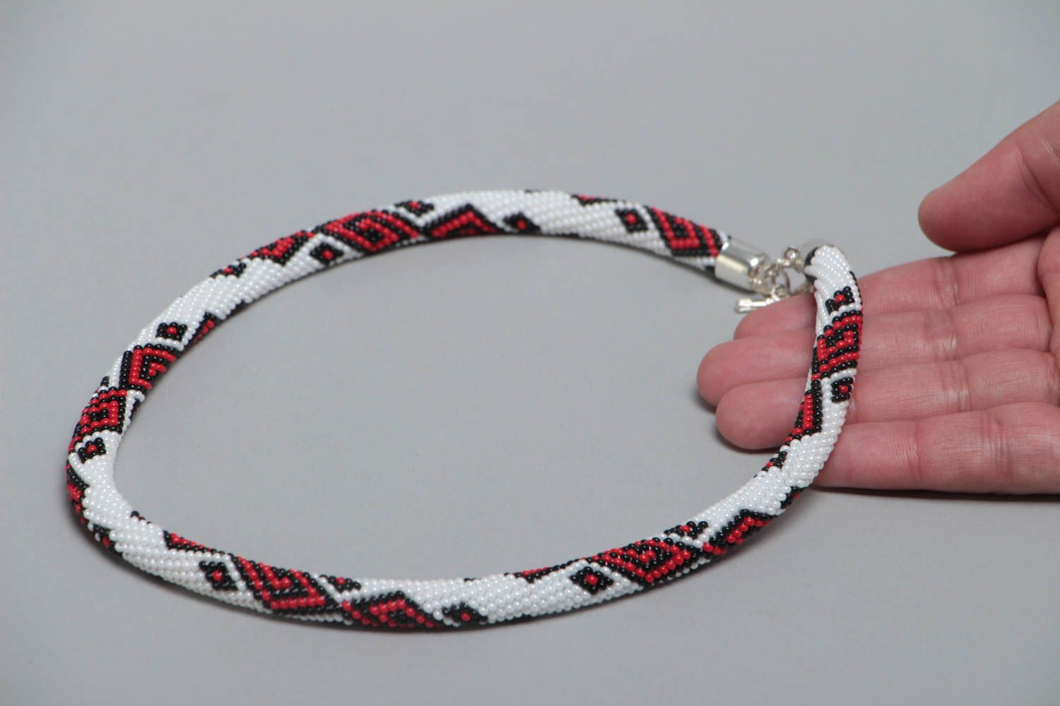 Beautiful white and red handmade designer beaded cord necklace with ornament photo 5