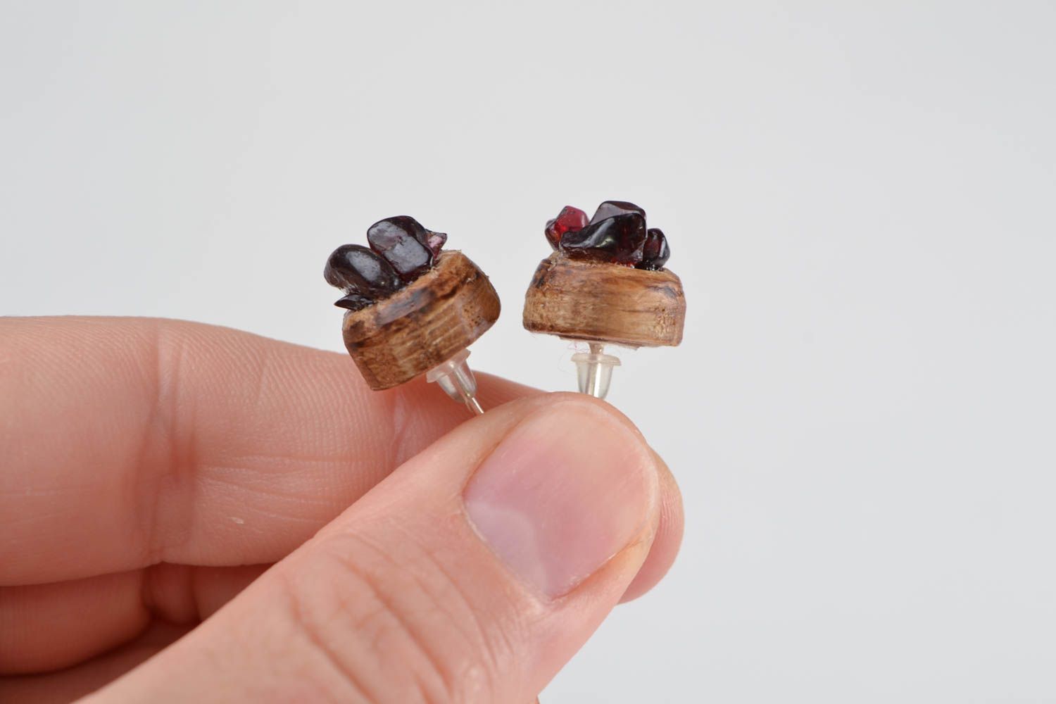 Handmade designer small wooden stud earrings with natural garnet stone photo 2