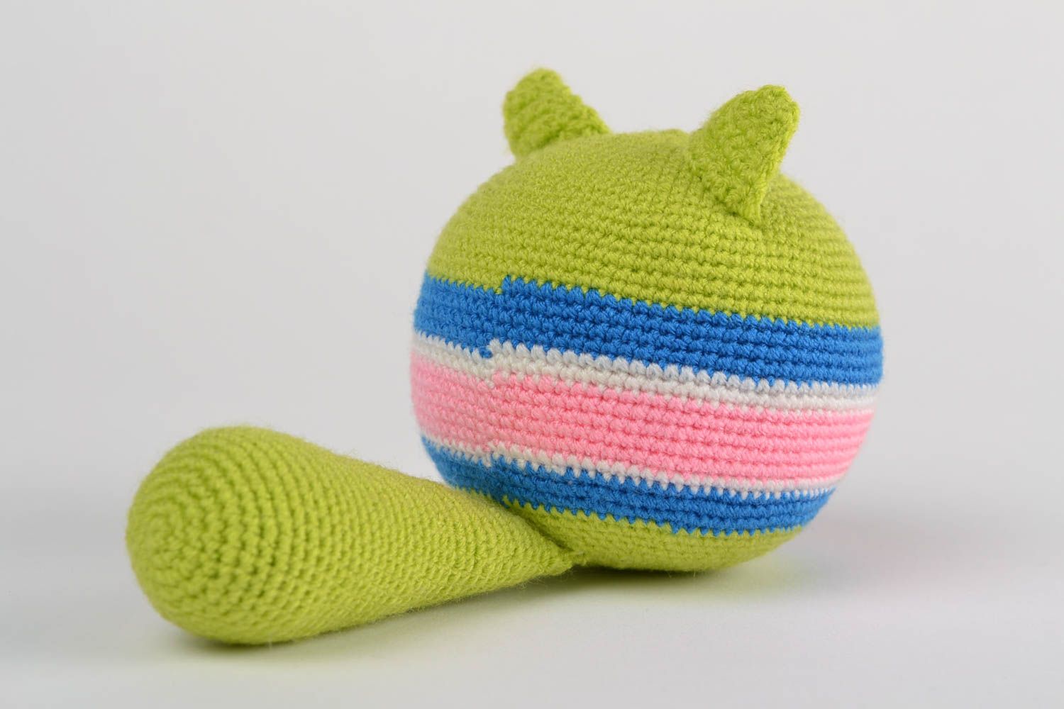 Handmade anti-stress soft toy crocheted of acrylic threads ball shaped green cat photo 5