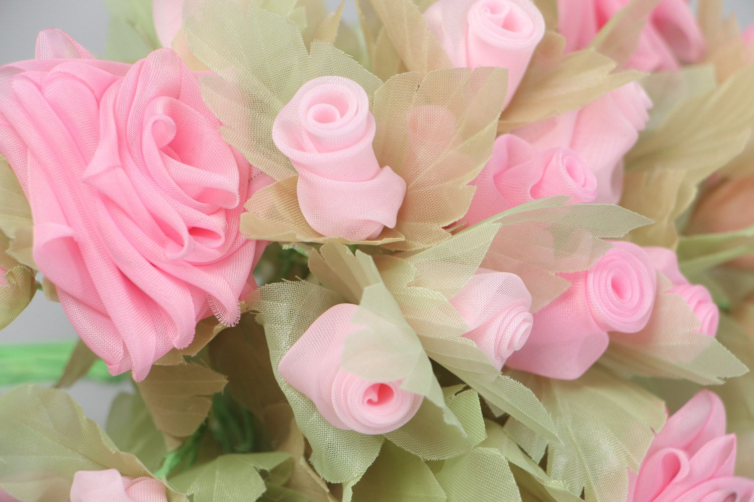 Handmade beautiful chiffon bouquet of pink roses for a home decor photo 4