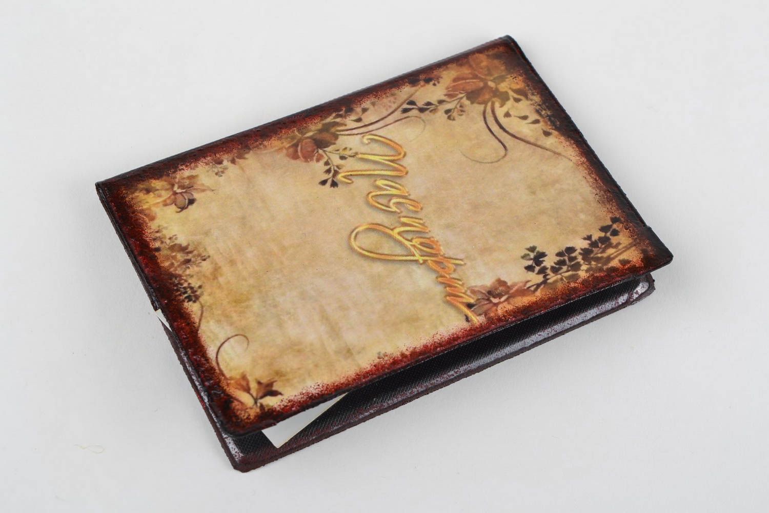 Handmade brown faux leather passport cover with decoupage in retro style photo 4