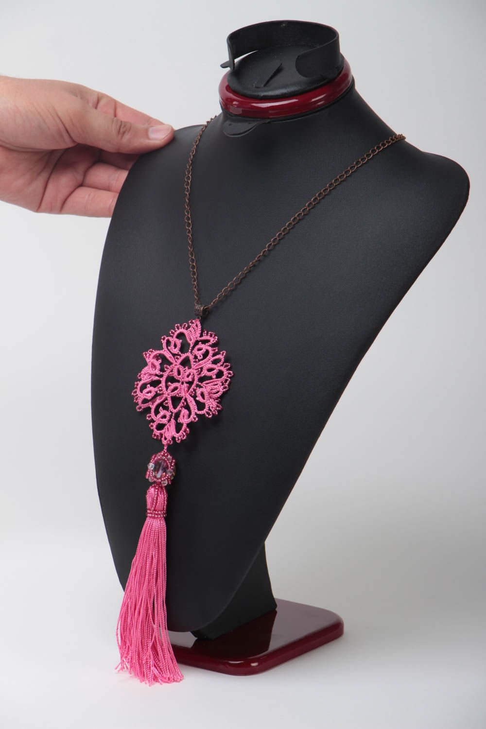 Handmade pink necklace accessory made of silk openwork designer jewelry photo 5