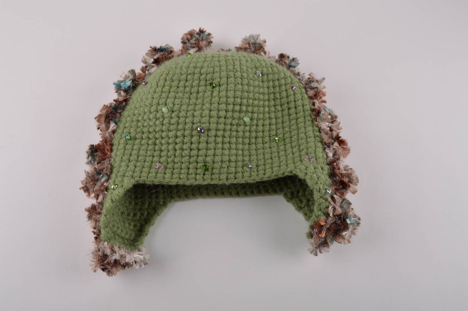 Шерстяная шапка ручной работы вязаная шапочка из шерсти зимняя шапка с ушками фото 5