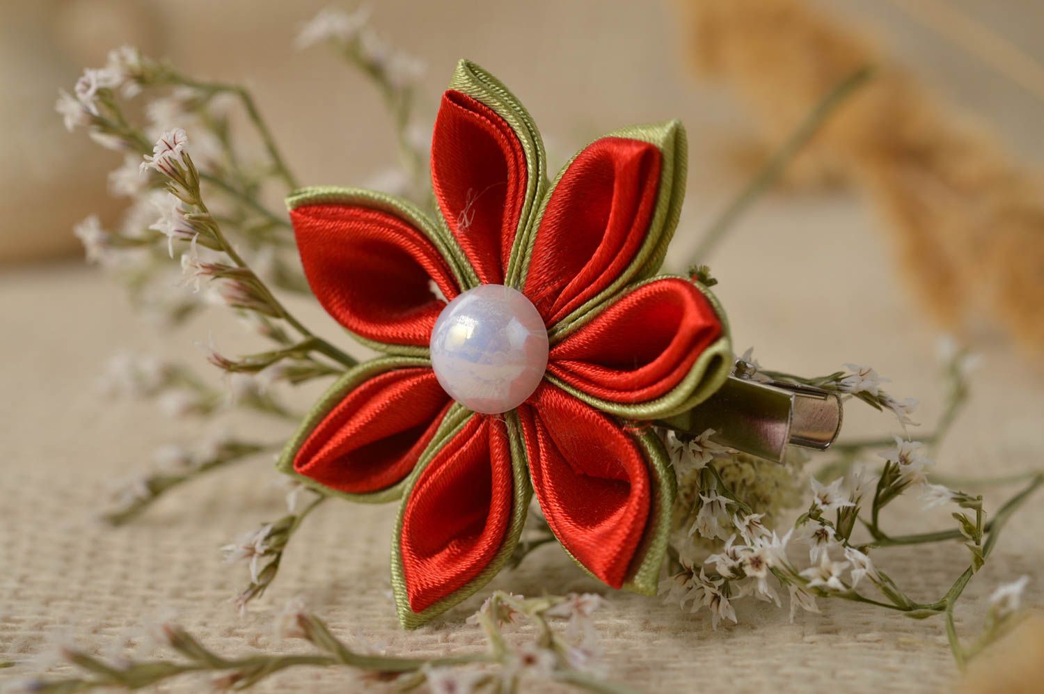 Unusual handmade textile barrette flower hair clip kanzashi flowers gift ideas photo 1