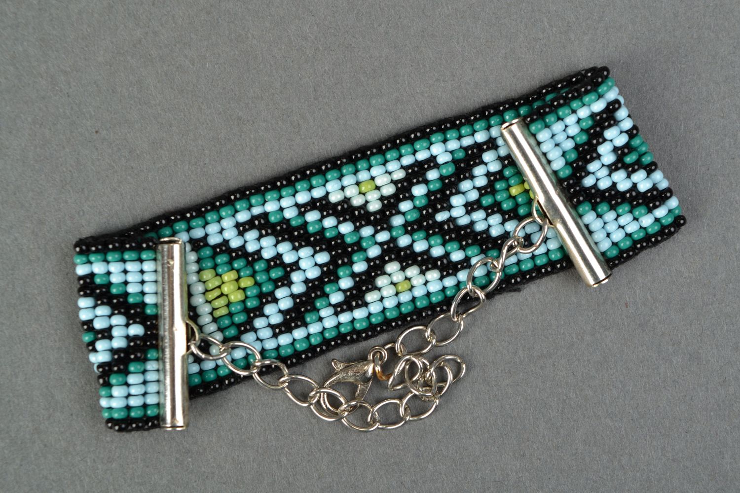 Ethnic black and light green ethnic beaded wide bracelet photo 4