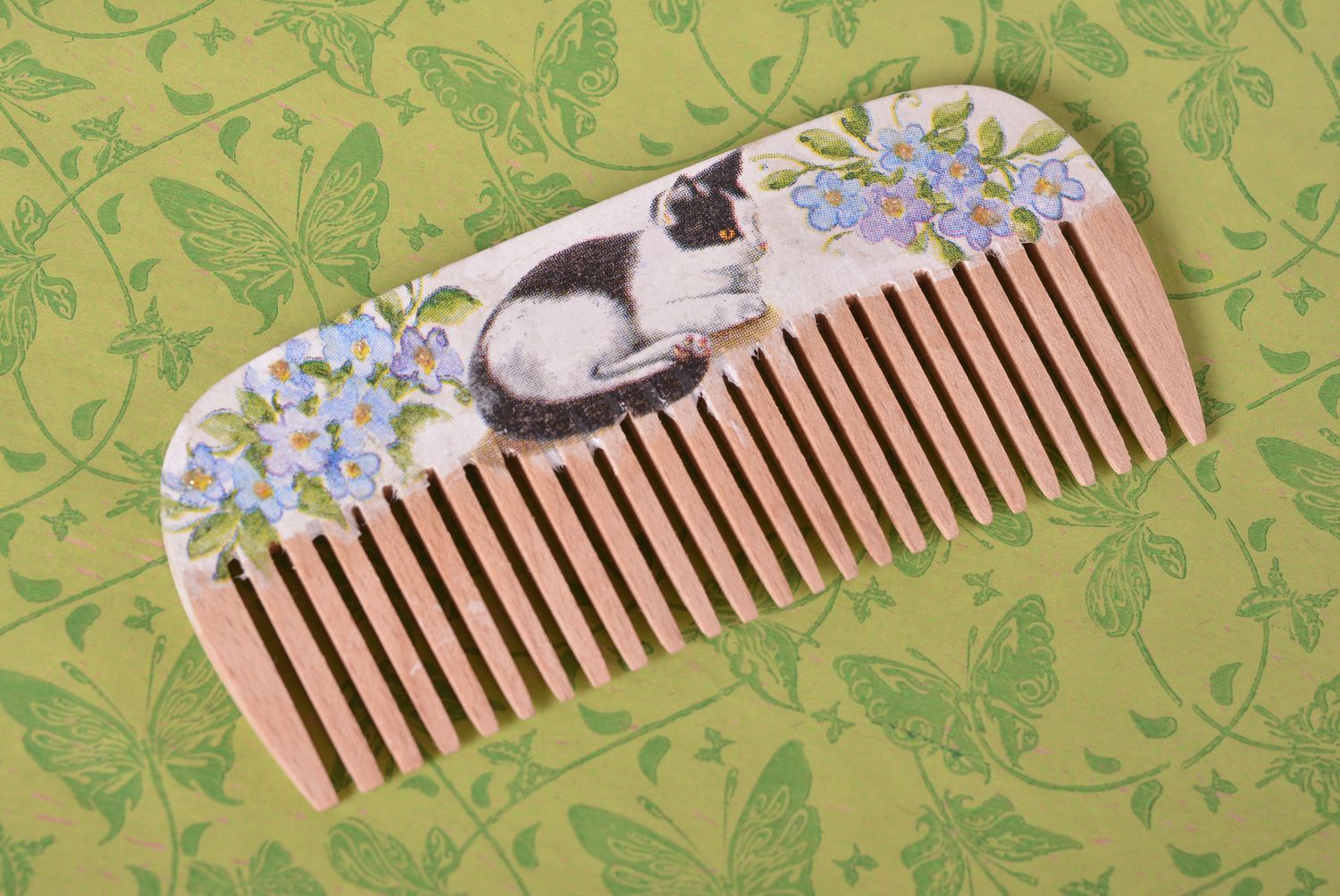 Аксессуар для волос гребень ручной работы украшение из дерева гребень с котом фото 1