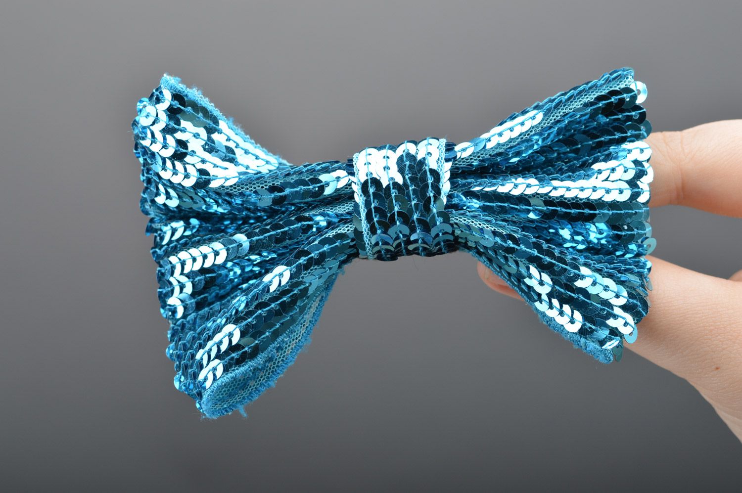 Magnificent handmade hair clip with sparkling blue bow decorated with spangles  photo 2