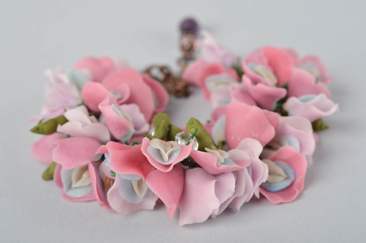 Bracelet fleurs roses Bijou fait main en pâte polymère Cadeau pour femme photo 4