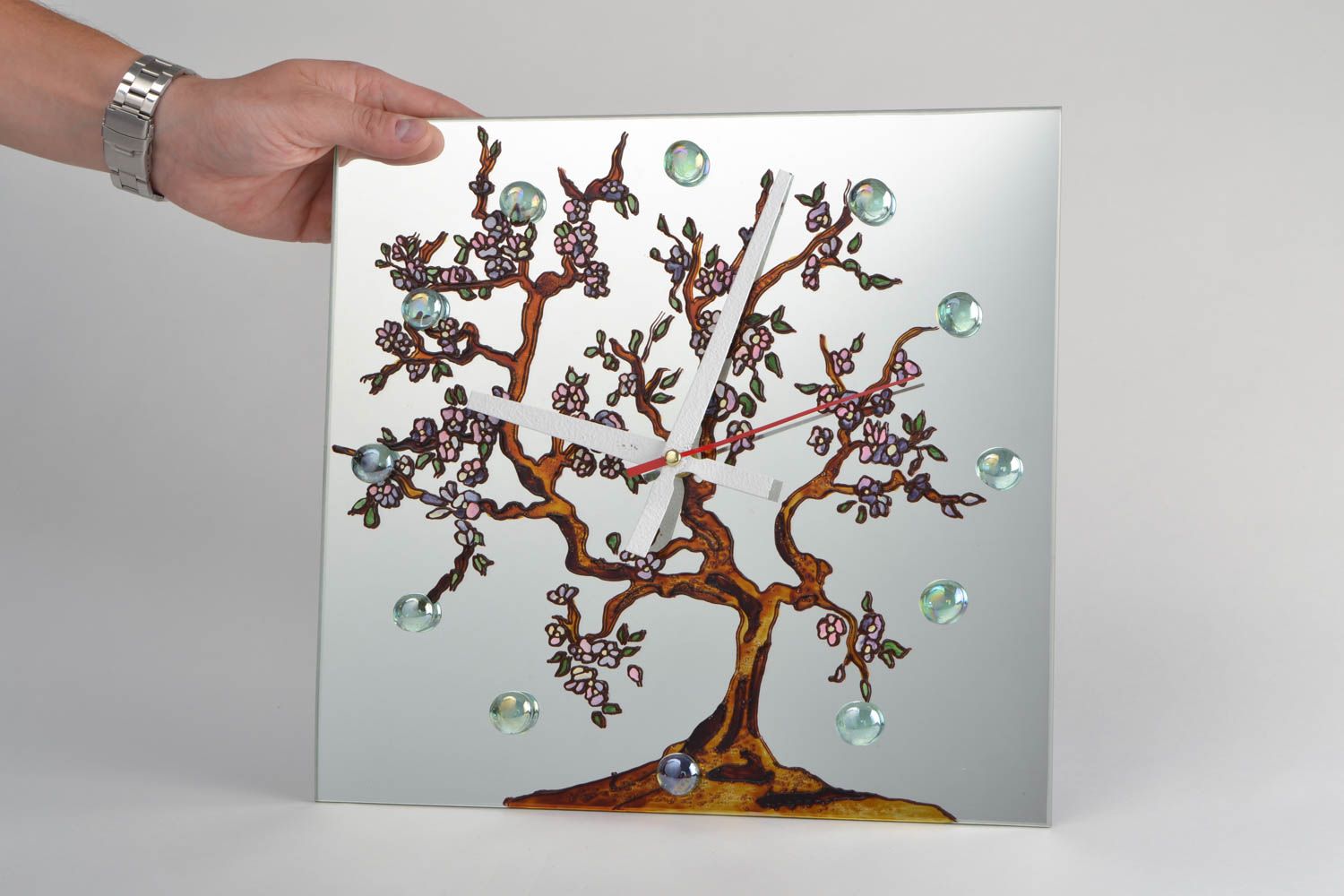 Handmade designer square glass wall clock with stained glass painting Tree photo 2